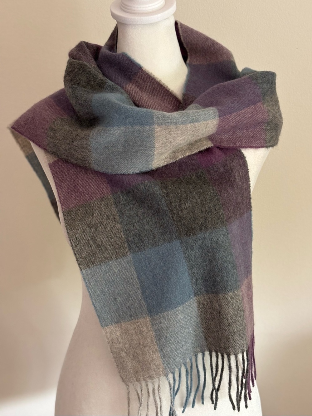 Cozy Plaid Wool  Scarf in Purple, Blue & Gray